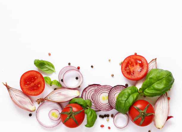 fresh food vegetables and spices on white background