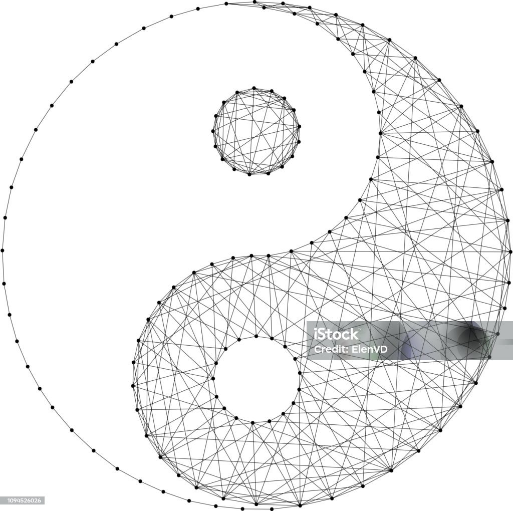 Yin-yang symbol of universality and harmony of dualism of forces from abstract futuristic polygonal black lines and dots. Vector illustration. Yin Yang Symbol stock vector