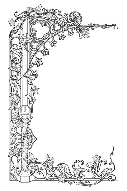 Medieval manuscript style rectangular frame. Gothic style pointed arch braided with a rose garlands. Vertical orientation. EPS10 vector illustration