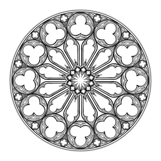 고딕 장미 창입니다. �중세 유럽 예술에서 인기 있는 건축 장식 - window rose window gothic style architecture stock illustrations