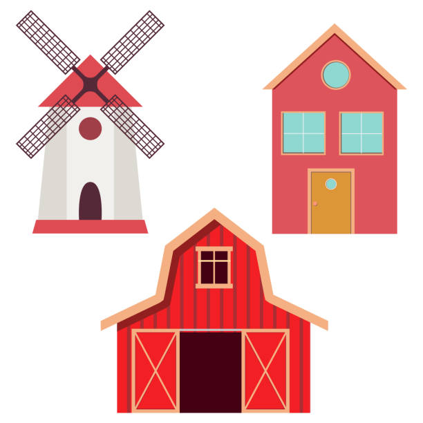 illustrazioni stock, clip art, cartoni animati e icone di tendenza di mulino a vento, fienile rosso e casa fattoria in stile piatto. illustrazione vettoriale. - barn red old door