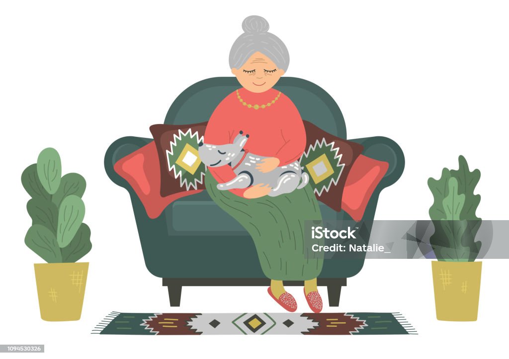 Hand drawn senior woman with robot dog. Hand drawn senior woman with robot dog. Vector illustration on white background. Futuristic concept. Pets stock vector