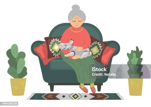 Hand Drawn Senior Woman With Robot Dog Stock Illustration - Download Image Now - Pets, Robot, Senior Adult