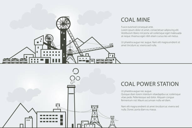 Set of Banners with Coal Mining and Power Station Set of Horizontal Banners with Coal Mining and Power Station, Complex Industrial Facilities with Spoil Tip and with Rail Cars , Power Line and Mine, Coal and Energy Industry, Vector Illustration land mine stock illustrations