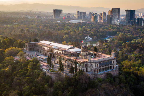 Mexico City, Mexico, Aerial View of Chapultepec Castle at Sunset stock photo