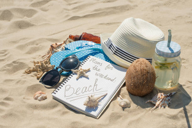 istock Hat, sunglasses, sunscreen, mojito on the beach, on white sand 1094543800