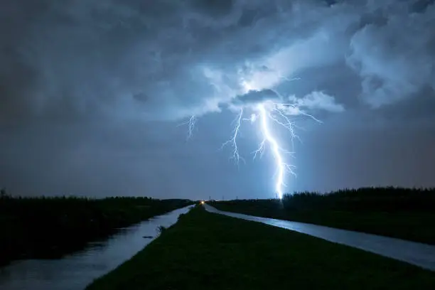 Cloud-to-ground CG lightning is a lightning discharge between a thundercloud and the ground. It is initiated by a stepped leader moving down from the cloud, which is met by a streamer moving up from the ground.