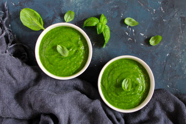 Cream avocado soup with spinach. stock photo