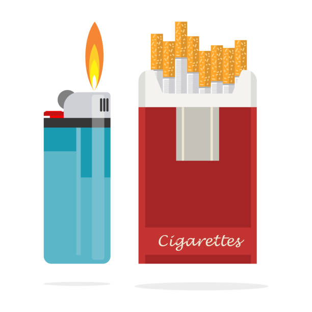 Cigarettes pack box and lighter with fire. Cigarettes pack box and lighter with fire. cigarette lighter stock illustrations