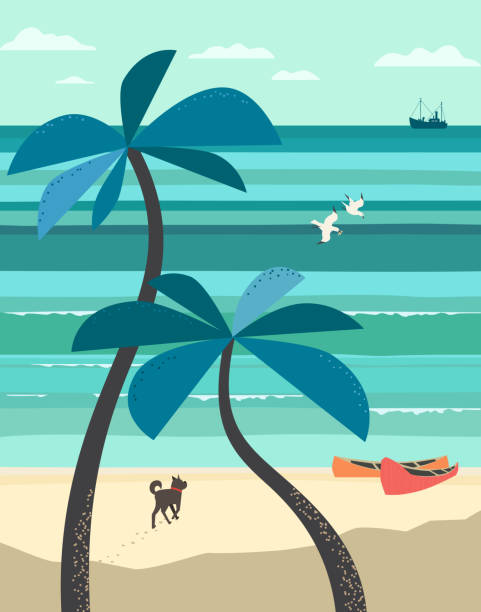 Seaside scenic view poster Summer seaside landscape. Blue ocean scenic view. Hand drawn tropical island escape poster. Holiday vacation season sea travel leisure. Sea leisure relax. Vector tourist trip advertisement background summer escape poster stock illustrations
