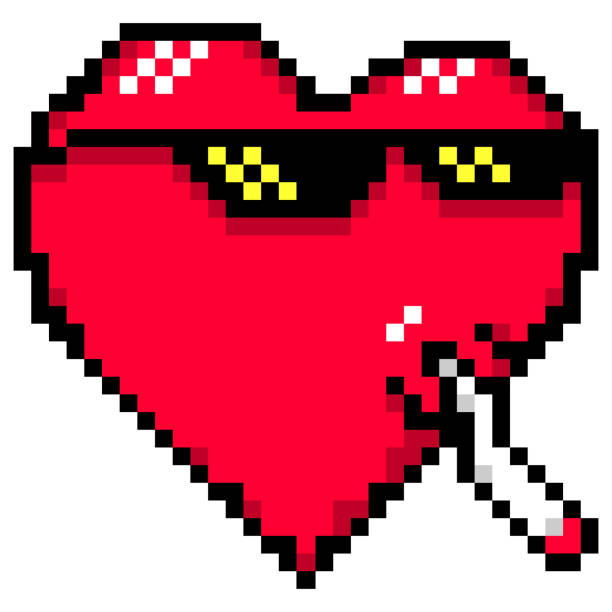 Cuore rosso con occhiali meme e articolazione (sigaretta di marijuana arrotolata). Vita da delinquente o Come un capo o Trattare con esso creato nello stile della pixel art per il biglietto d'auguri festa di San Valentino o per un reparto di cardiologia in - illustrazione arte vettoriale