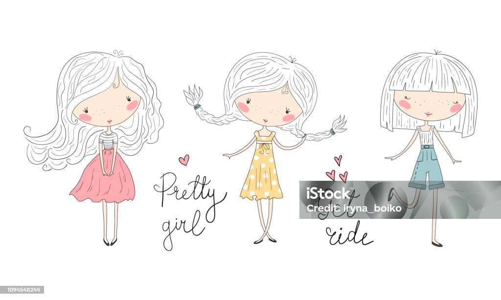 Hand Drawn cute little girl, doodle nursery illustration Hand Drawn cute little girls, doodle nursery illustration. Doodle stock vector