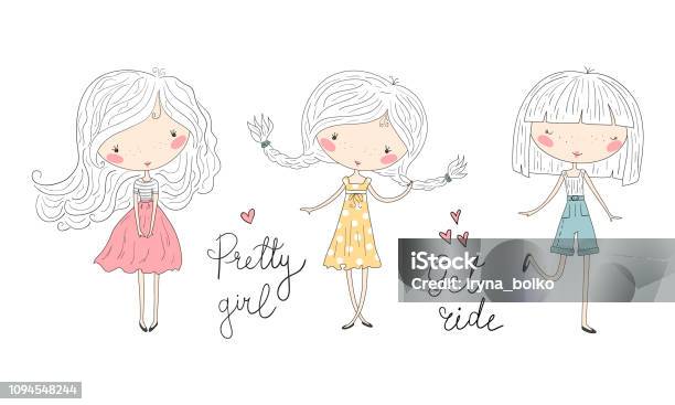 Hand Drawn Cute Little Girl Doodle Nursery Illustration Stock Illustration - Download Image Now