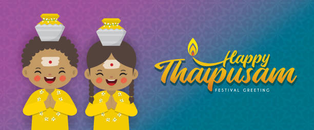 ilustrações de stock, clip art, desenhos animados e ícones de thaipusam banner - cartoon indian kids & milk pot - thaipusam kavadi