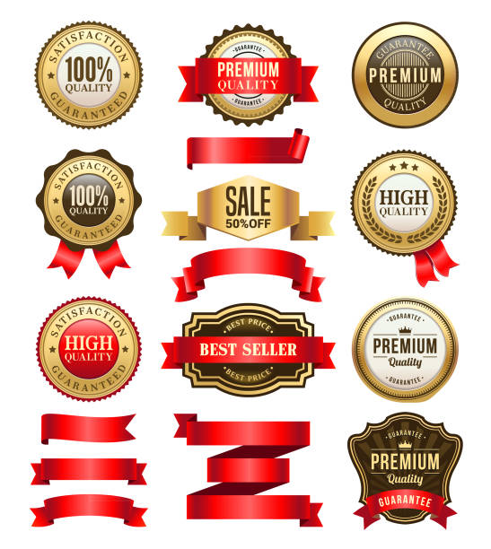 ilustrações de stock, clip art, desenhos animados e ícones de gold badges and ribbons set - internet banner placard ribbon