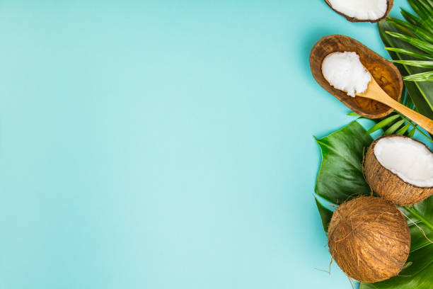 istock Coconut oil, tropical leaves and fresh coconuts 1094563750