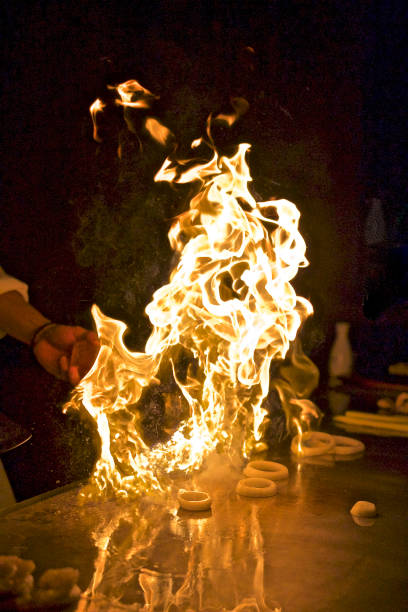 Teppanyaki Hibachi Teppanyaki Hibachi grilling with flames japanese food photos stock pictures, royalty-free photos & images