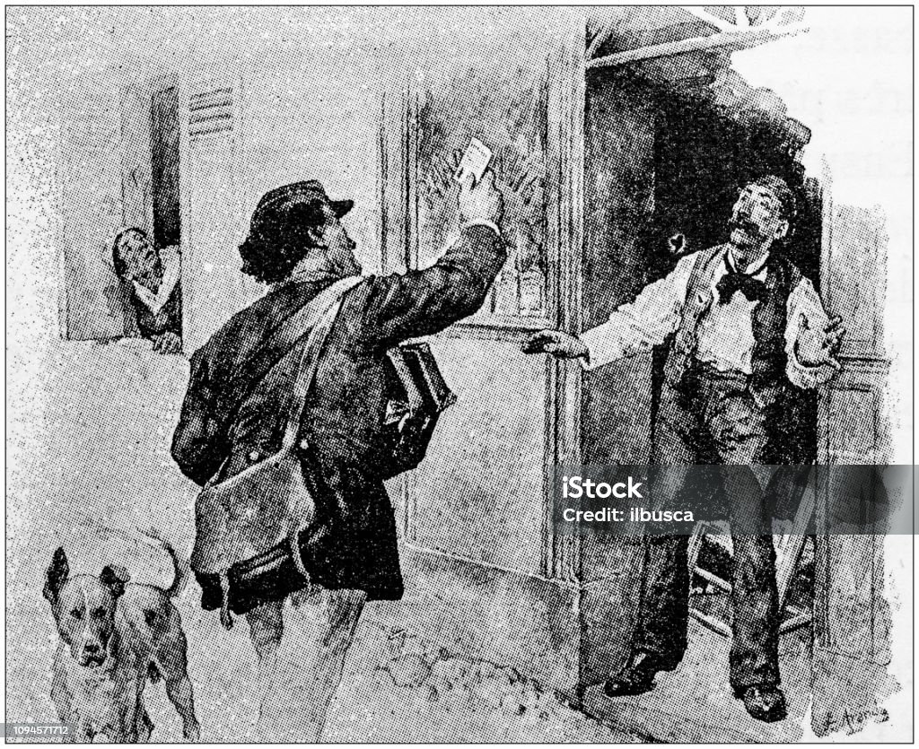 Vintage illustrations for the novel "Tartarin sur les Alpes" by Alphonse Daudet: Postman Postal Worker stock illustration