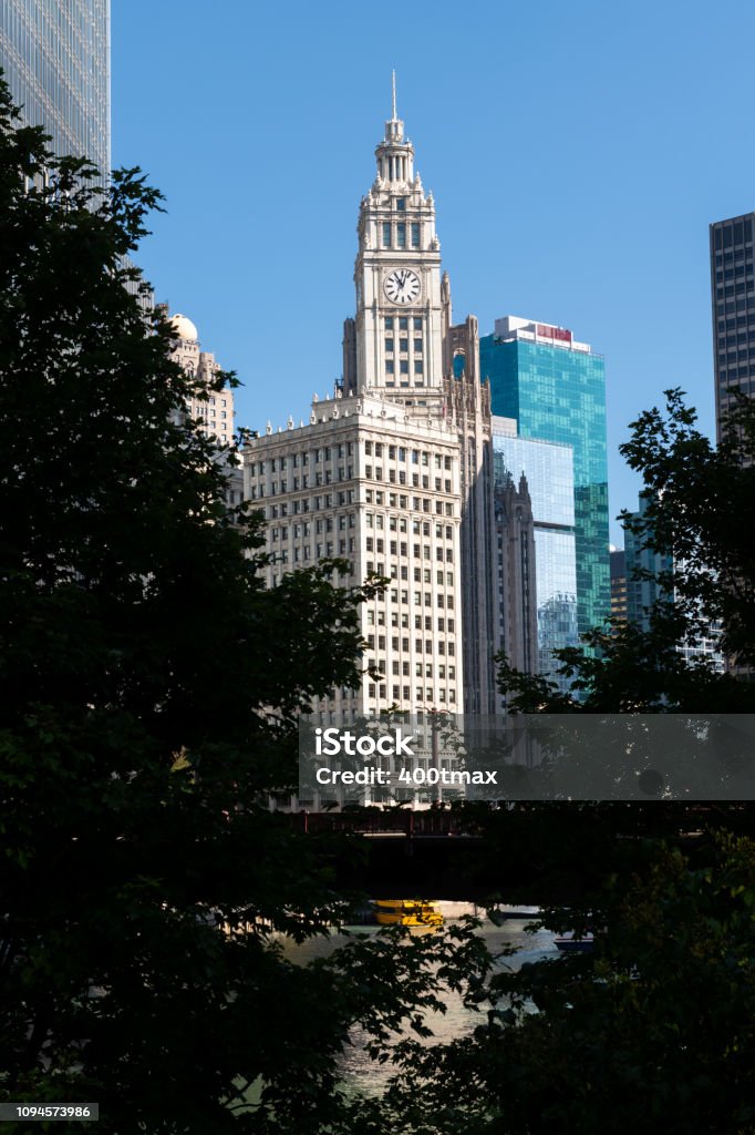 Chicago Iconic building near Chicago river. Architecture Stock Photo