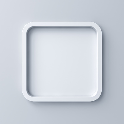 Blanco en blanco redondeado marco cuadrado o botón blanco vacía aislada sobre fondo de pared gris con Render 3D shadow photo