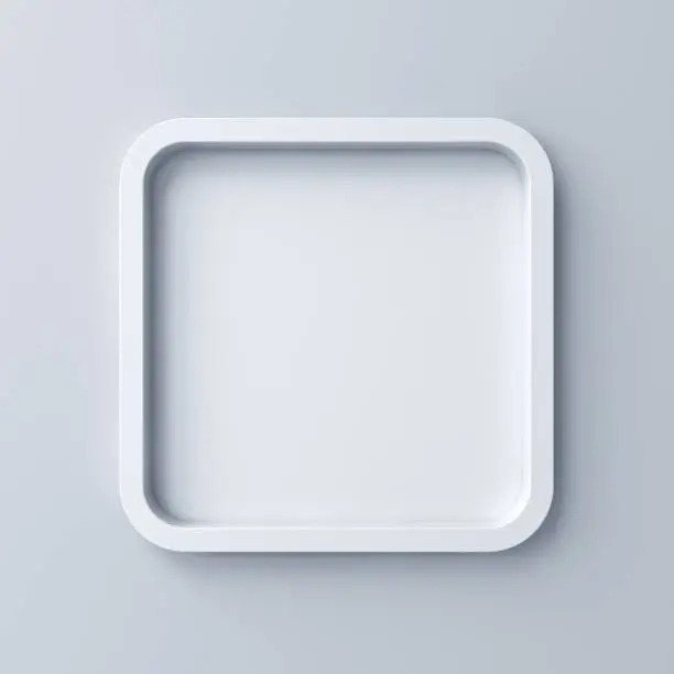 Photo of Blank white rounded square frame or empty white button isolated on grey wall background with shadow 3D rendering