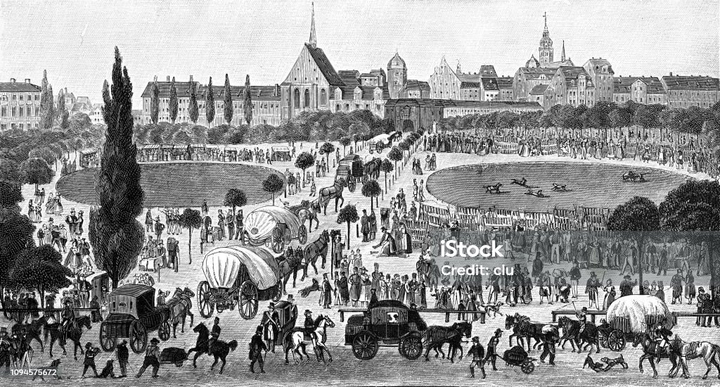 Trade fair at the Grimma Gate in Leipzig Illustration from 19th century Medieval stock illustration
