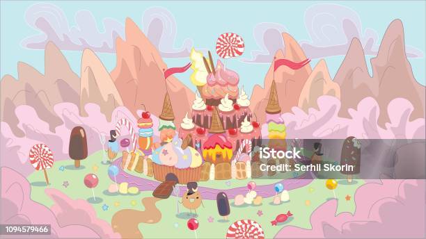 Elementos do jogo para celular da paisagem dos desenhos animados de  fantasia doce doce terra. paisagem de fadas de doces, conjunto de  ilustração de vetor de localização de jogo de mundo de