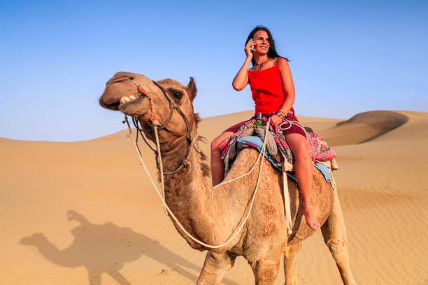 istock Young female tourist using mobile on a camel, Rajasthan, India 1094582576