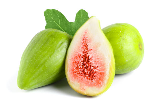 istock Ripe green fig fruit and half with leaf isolated on white background 1094583922