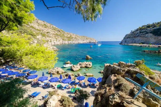 view on popular beach on greek island Rhodes