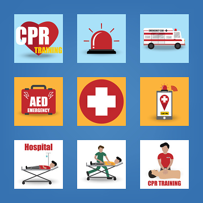 First Aid CPR Training Emergency Rescue Paramedic Flat Icon with AED , Ambulance , Silent , Doctor and Patient