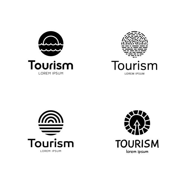 Sun And Sea  Design Template Set Sun And Sea  design template set. Cruise summer circle icons with ocean. Vector sign type illustration for travel agency. Nature holiday tourism background tourism logo stock illustrations