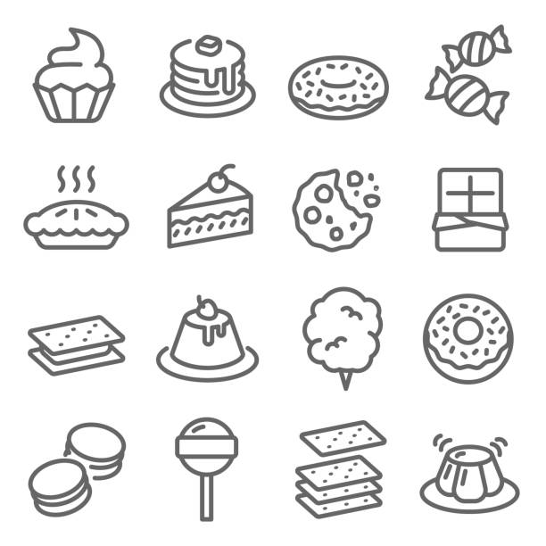 dessert-vektor-linie-icon-set. enthält ikonen wie cupcake, donut, macaron, pudding und vieles mehr. erweiterte schlaganfall - muffin cupcake cake chocolate stock-grafiken, -clipart, -cartoons und -symbole