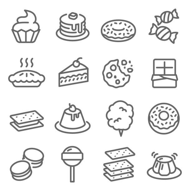 illustrations, cliparts, dessins animés et icônes de icon set ligne dessert vector. contient des icônes comme petit gâteau, beigne, macaron, pudding et plus encore. accident vasculaire cérébral étendu - puffed