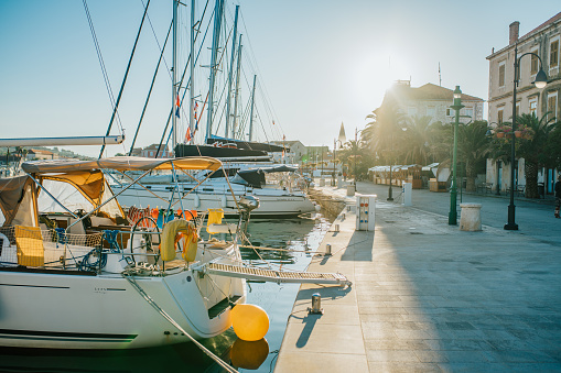 View of moored luxury boats during sunny day,Croatia