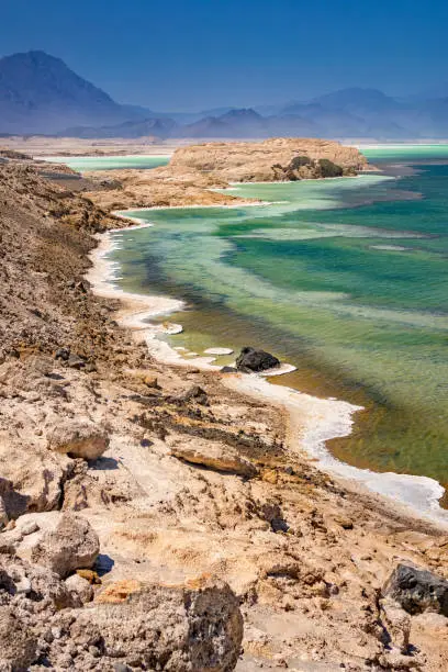 Stock photograph of Lake Assal (Lac Assal) , Tadjourah Region, Djibouti on a sunny day.