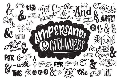 Big collection of hand lettered ampersands and catchwords isolated on white background. Great vector design set for wedding invitations, save the date cards and other stationary.