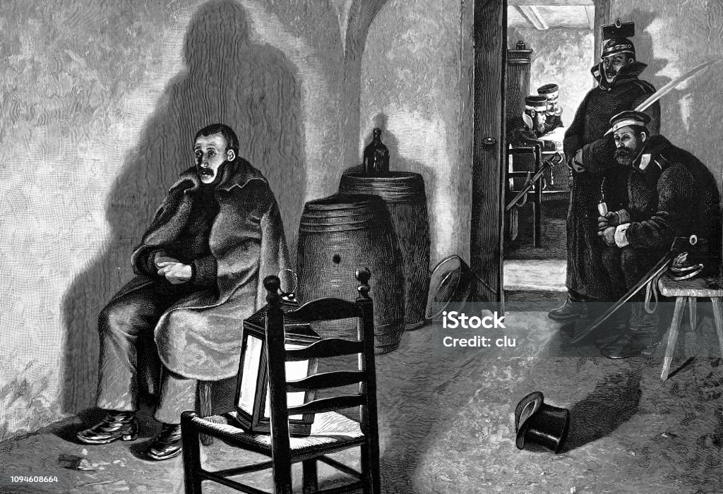 The lone spy in the guardroom guarded by policemen Illustration from 19th century Guarding stock illustration