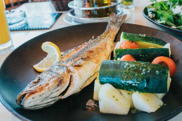 Close-up of fish with vegetables, Viganj, Peljesac,Croatia
