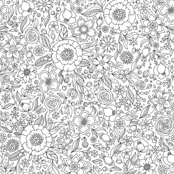 Seamless floral doodle background pattern in vector. Seamless floral doodle background pattern in vector. Black and white background. Coloring book. adult stock illustrations