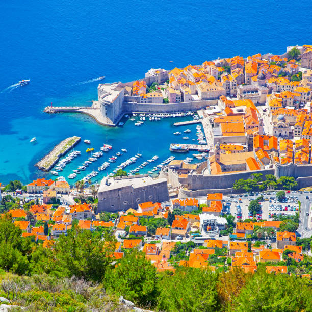 Old port of Dubrovnik on sunny summer day from above, Croatia