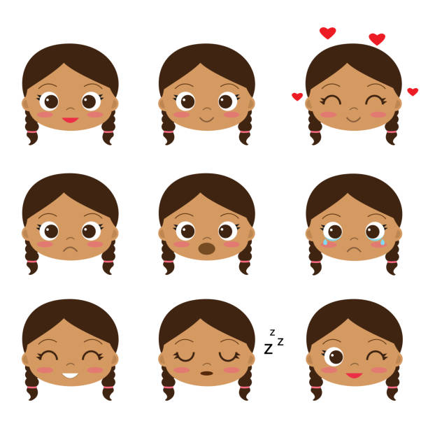Cute cartoon indian girl Cute cartoon indian girl with different emotions. Vector set of emoji and emoticons sad african child drawings stock illustrations