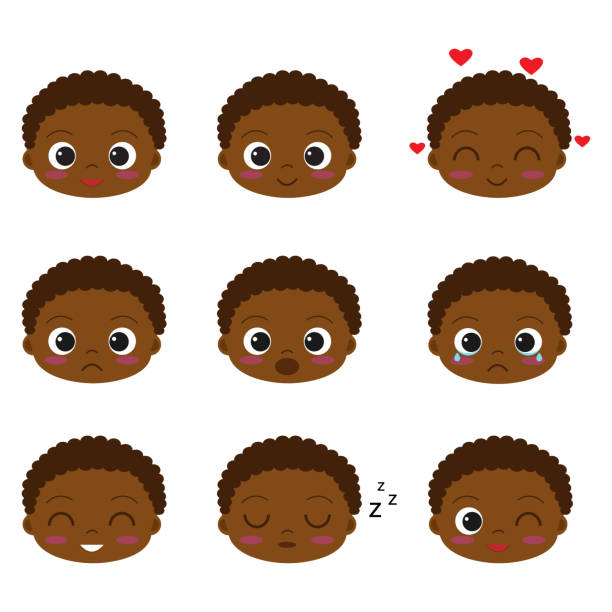 Cute cartoon african boy Cute cartoon african boy with different emotions. Vector set of emoji and emoticons sad african child drawings stock illustrations