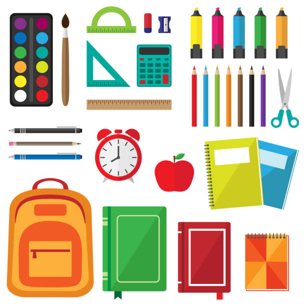 ilustraciones, imágenes clip art, dibujos animados e iconos de stock de conjunto de vector de útiles escolares - textbook book apple school supplies