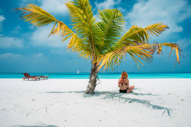 istock Woman on beach under palm tree,Maldives 1094615350