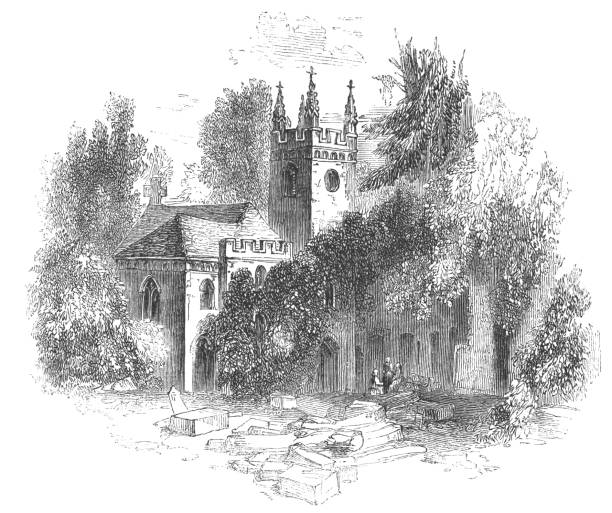 St. Mary's Chapel at Guy's Cliffe in Warwickshire, England St. Mary's Chapel at the hamlet of Guy's Cliffe in Warwickshire, England from the Works of William Shakespeare. Vintage etching circa mid 19th century. warwick uk stock illustrations