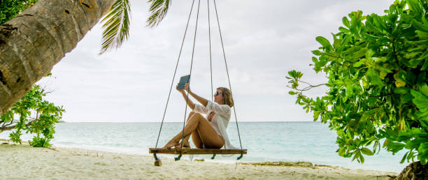 istock Woman using tablet on swing on beach,Maldives 1094616076