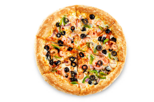 istock Pizza with shrimp, olives, green pepper and onion isolated 1094618748