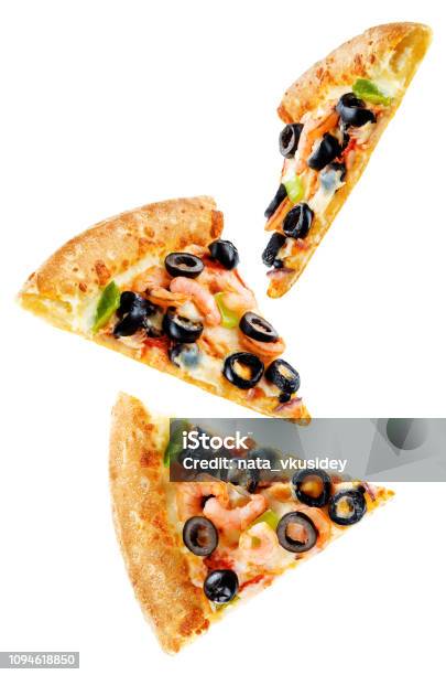 Pizza With Shrimp Olives Green Pepper And Onion Isolated Stock Photo - Download Image Now