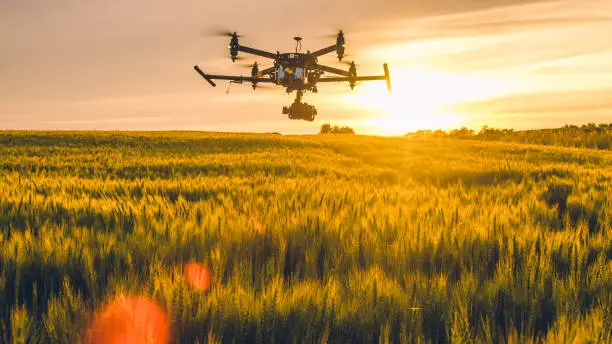 Drone flying over field at sunset